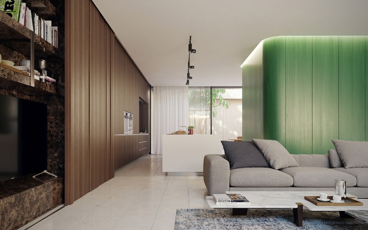 intérieur en gris vert et bois espace ouvert vers extérieur salon cuisine