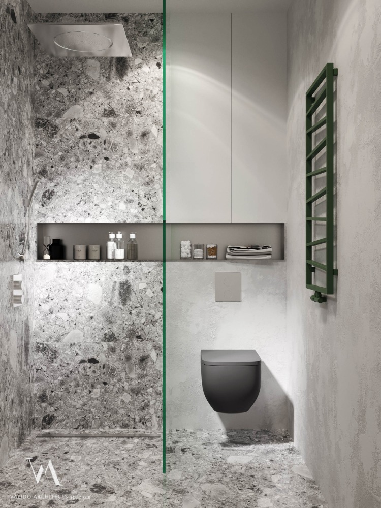 salle de bain en granit deco nature appartement gris et vert