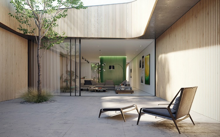 salon gris vert et bois ouvert sur extérieur cour intérieur design