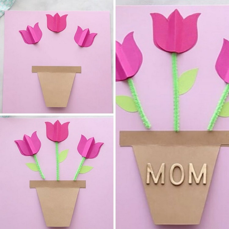 diy carte fete des mères papier cartonné tulipes pot de fleurs