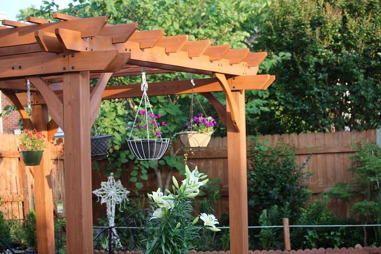 jardinières et pots suspendus fleurs retombantes pergola en bois plein soleil