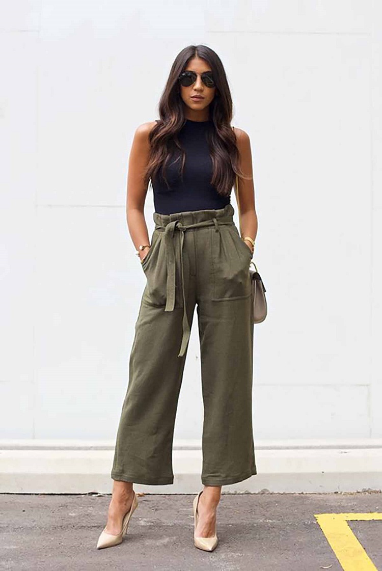 pantalon droit taille haute femme vert kaki ceinture mode été 2020
