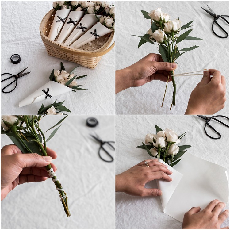 bouquet de fleurs fete des mères emballage en papier dernière minute roses blanches eucalyptus