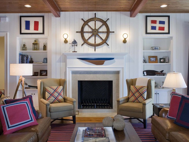 deco salon bord de mer style Hamptons design cosy poutres apparentes