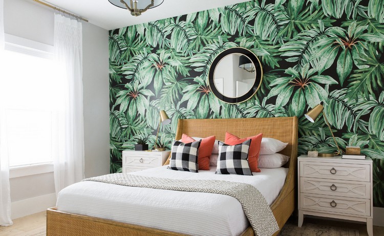 papier peint chambre à coucher motifs tropicaux