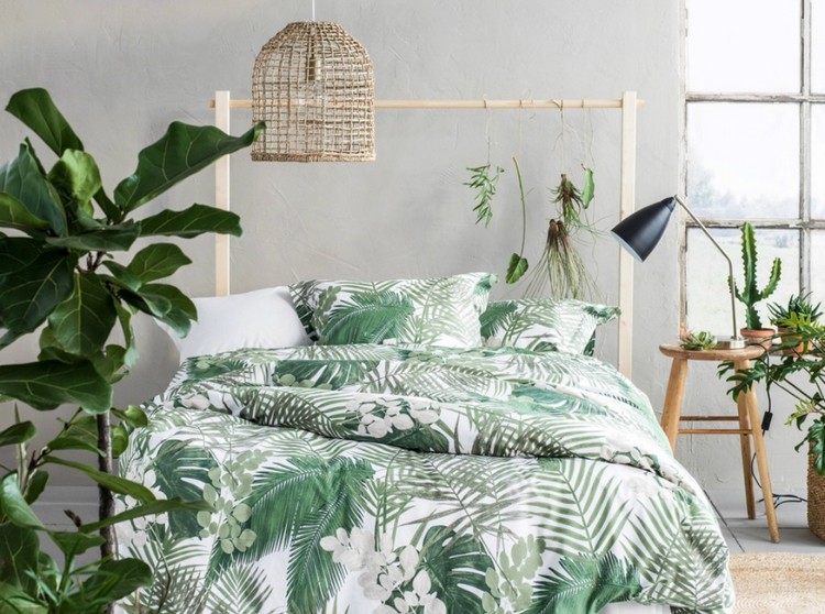 textile imprimé feuilles de plamier déco plantes tropicales d'intérieur chambre à coucher