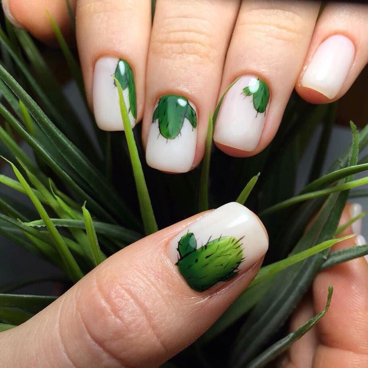 ongles blanc laiteux tendance nail art cactus