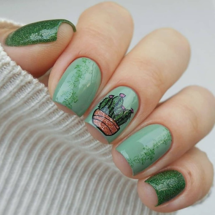 vernis ongles vert dessin cactus nail art