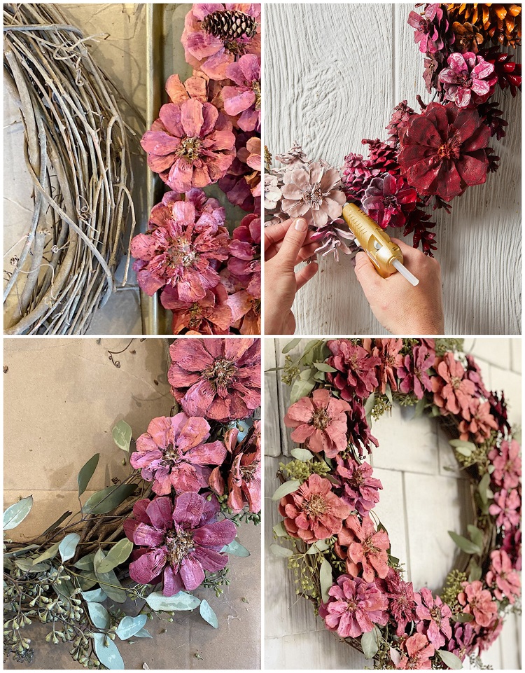 bricolage estival couronne de porte en fausses fleurs pommes de pin