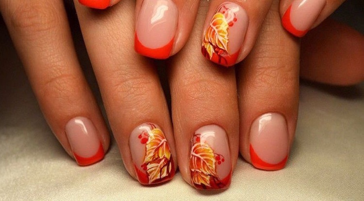 french manucure rouge nail art feuilles automne