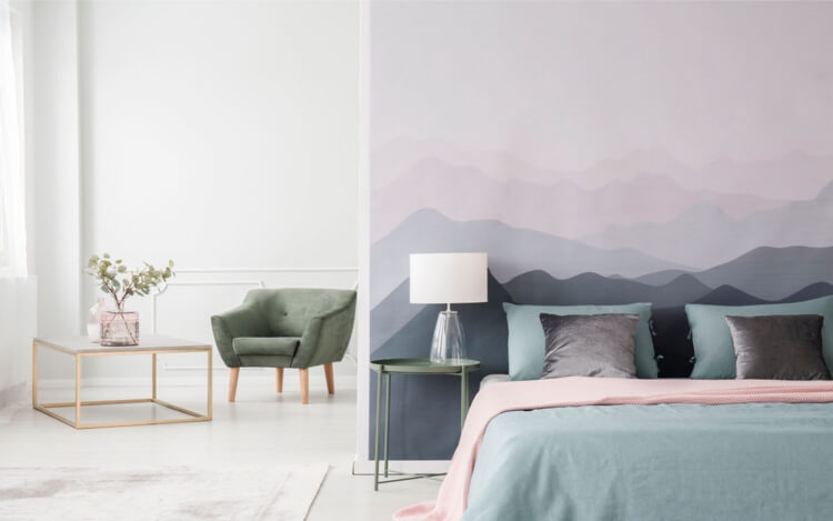 idée tête de lit en papier peint combinaison rose gris pastel