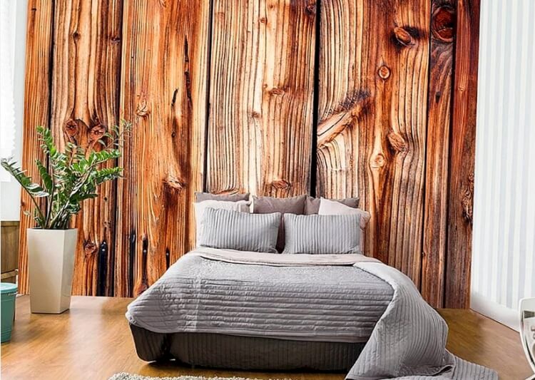 tête de lit en papier peint mur imitation bois