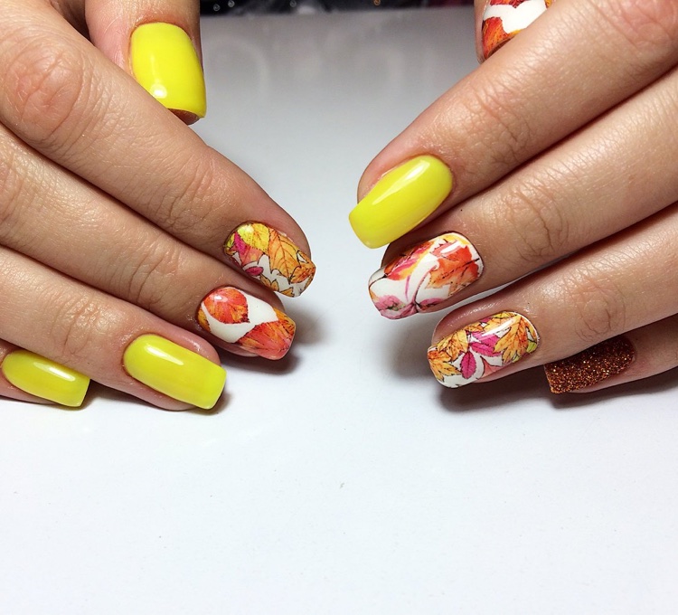 vernis jaune nail art feuilles automne stickers