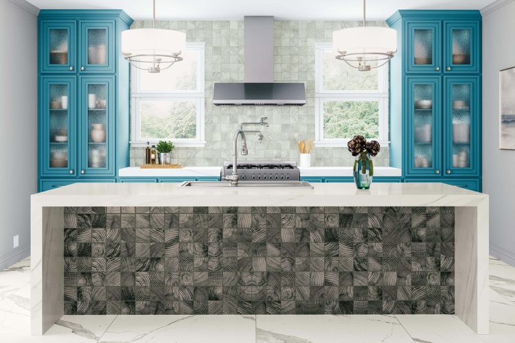 armoires de cuisine bleu sarcelle ilot en marbre blanc deco carrelage aspect beton