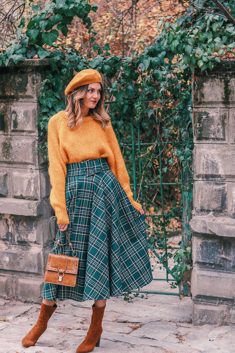 bonnet plat tenue d'automne jupe longue couleur tendance