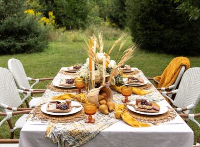 centre de table automne epis de ble poires composition florale repas jardin