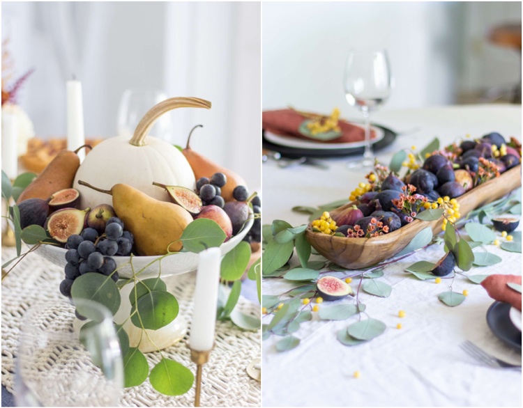 centre de table automne fruits saisonniers figues grappes de raisins poires courges feuilles eucalyptus