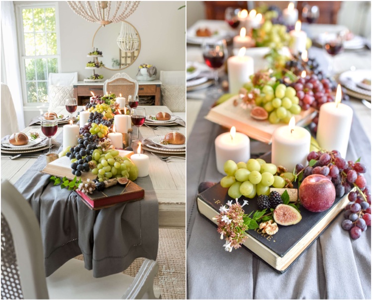 decoration table automne grappes de raisins frais figues pommes bougies blanches chemin de table gris