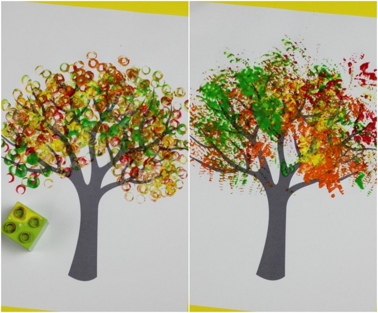 peinture automne maternelle arbre automne alternatives éponge de douche bloc de lego