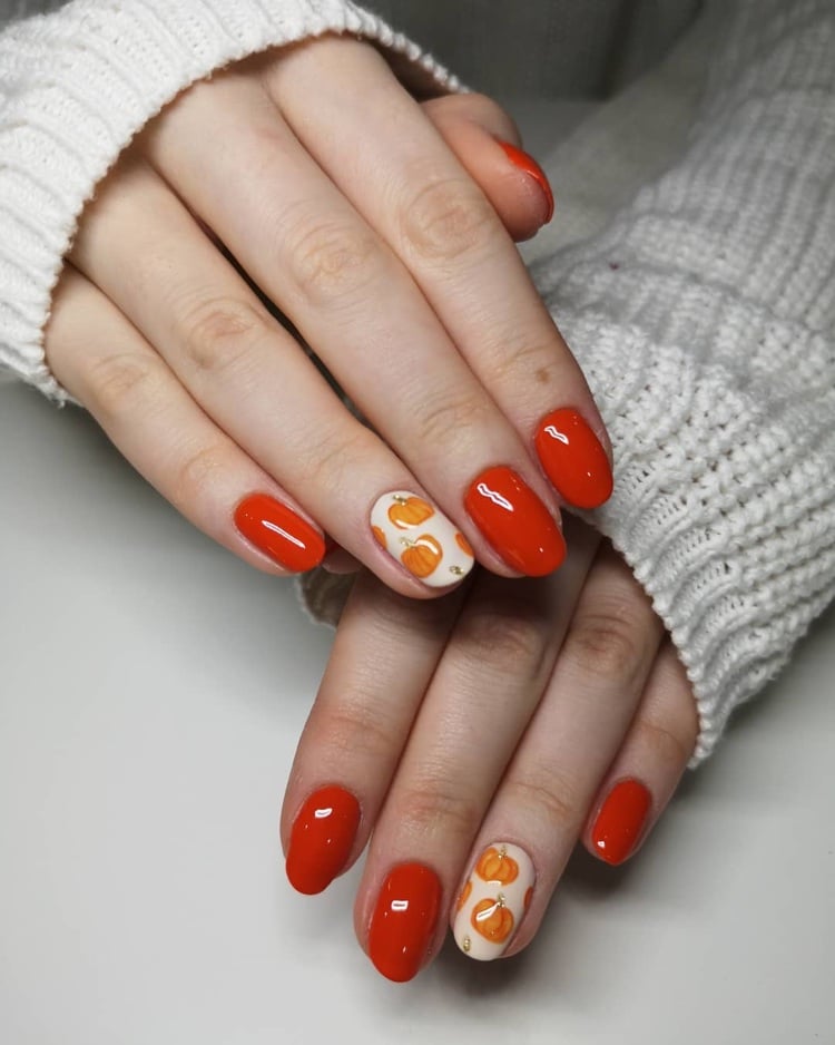 stickers ongles citrouille nail art automne creatif vernis corail blanc