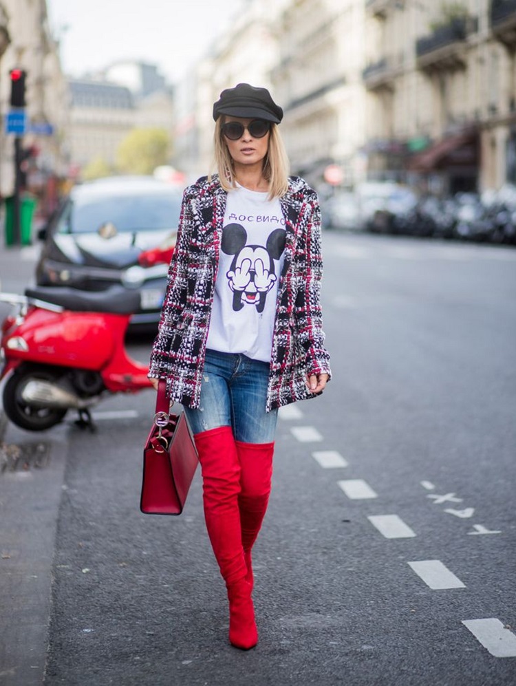 denim tweed bottes rouges outfit automnal