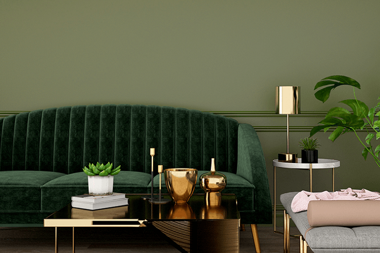 déco salon vert olive mobilier laiton look vintage