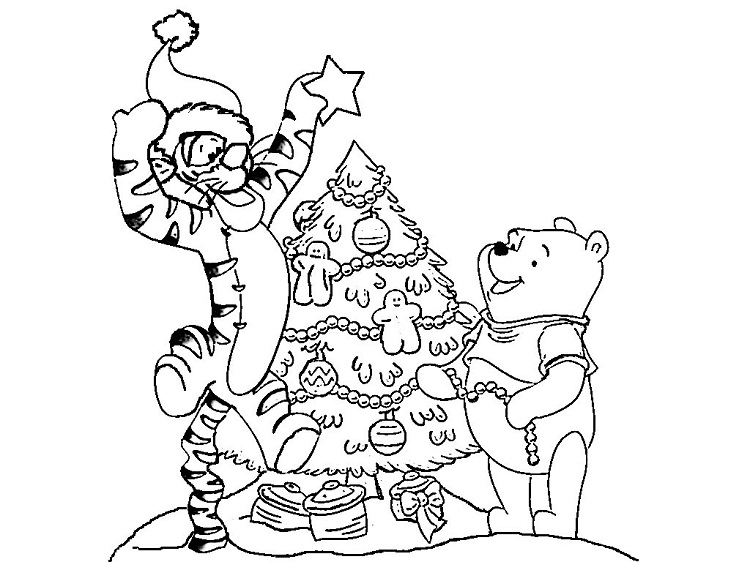 pooh et tigrou decorent le sapin de Noël coloriage gratuit
