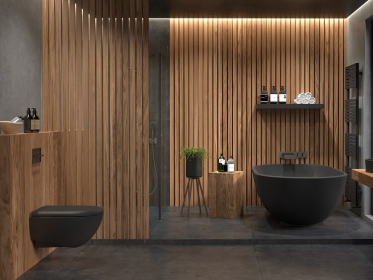 salle de bain bardage bois mur intérieur red cedar brut pose à claire-voie