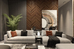 salon moderne mur béton bois lattes pose oblique