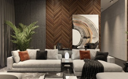 salon moderne mur béton bois lattes pose oblique