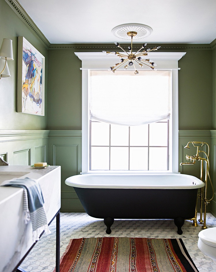soubassement mur moderne peint vert olive déco salle de bain