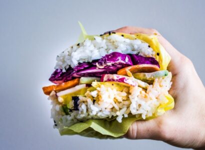 sushi burger rainbow vegan sauce sriracha