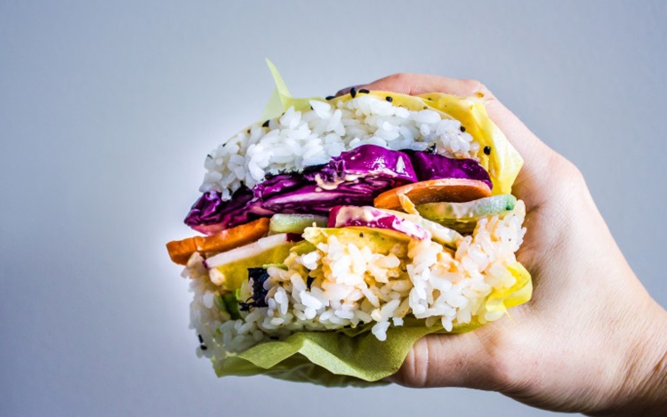 sushi burger rainbow vegan sauce sriracha