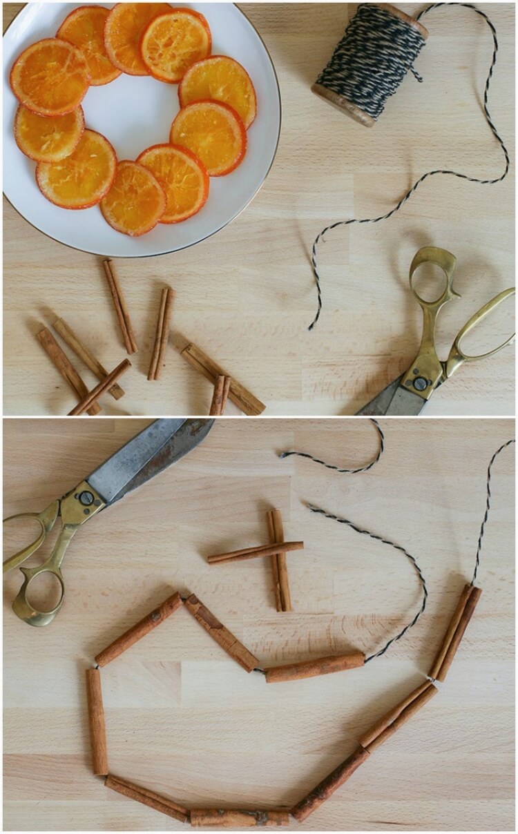 Guirlande himmeli diy bâtons de cannelle tranches d’orange séchées