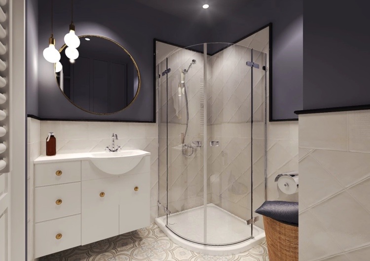 carrelage mi hauteur salle de bain carreaux blanc crème peinture violet mat