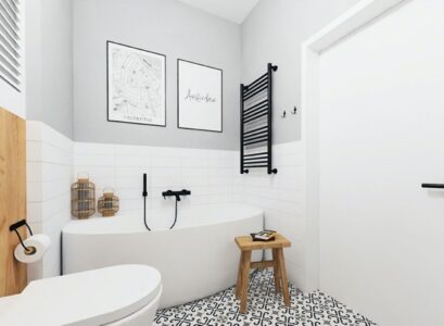 carrelage mi hauteur salle de bain peinture gris clair baignoire ilot