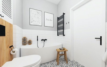 carrelage mi hauteur salle de bain peinture gris clair baignoire ilot