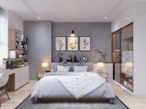 chambre tendance 2021 peinture murale grise plafond blanc parquet bois clair
