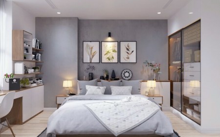 chambre tendance 2021 peinture murale grise plafond blanc parquet bois clair
