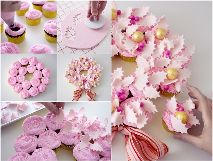 couronne gourmande cupcakes creme rose deco fondant feuilles houx