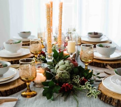 deco table Noel nature centre de table verdure artichauts chandelles