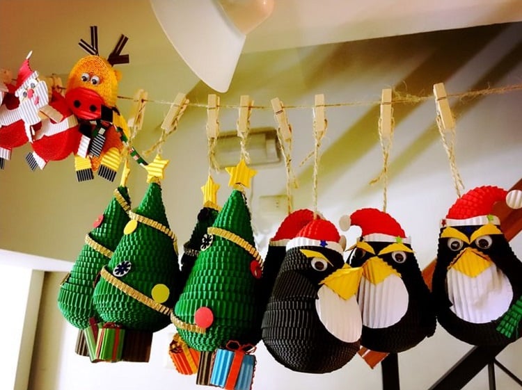 déco de Noël en carton ondulé pinguins sapin de noel