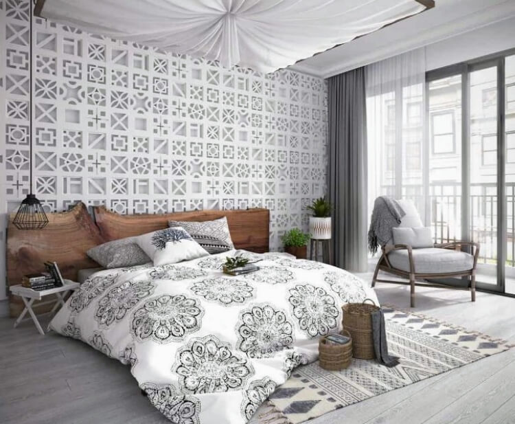 idée de déco de chambre 2021 gris blanc bardage mural plastique à motifs tête de lit en bois massif