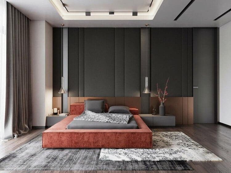 idée déco chambre à coucher 2021 lit velours terracotta tapis kilim monochrome gris prédominant