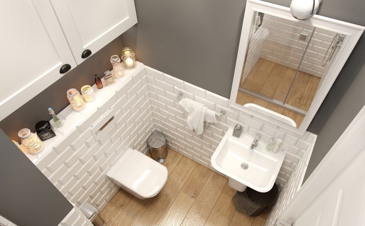 petite salle de bain carrelage mi hauteur carreaux métro blancs peinture gris mat