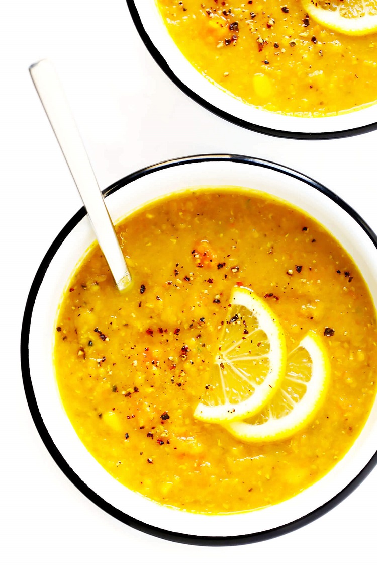 Traditional Lebanese coral winter soup with lentils