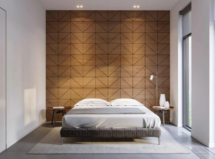 tendance déco chambre 2021 couleurs neutres lit bas bardage mural bois à motifs graphiques