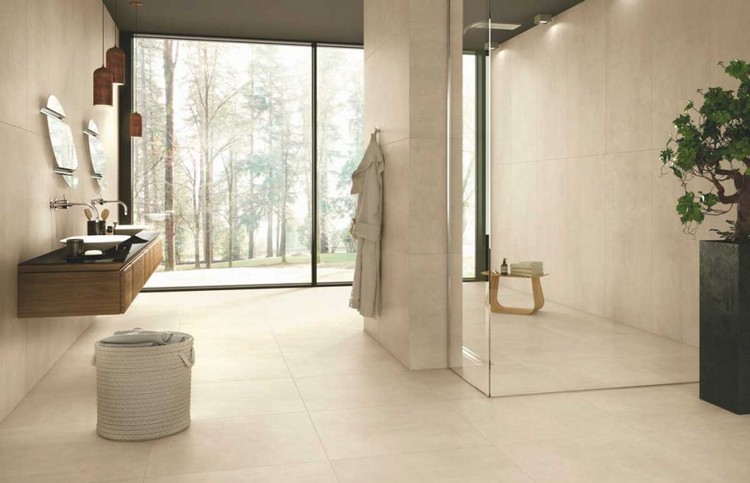 carrelage imitation béton beige salle de bains style minimaliste