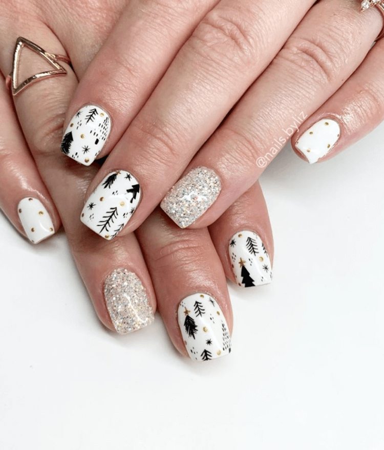 nail art sapin stamping ongles blancs vernis paillettes