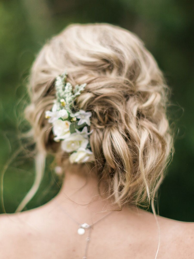 Bohemian Hairstyle for Short Hair Bride - Messy Low Bun Flowers